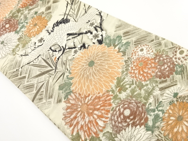 アンティーク　菊・梅に鶴模様織り出し丸帯（材料）